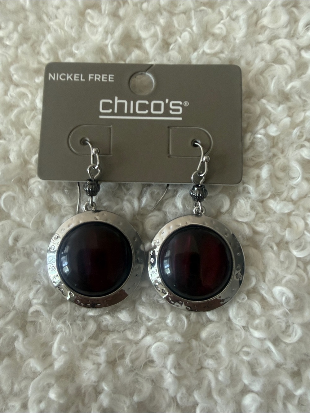 Chico's Silver-Tone Drop Earrings with Deep Wine Cabochons